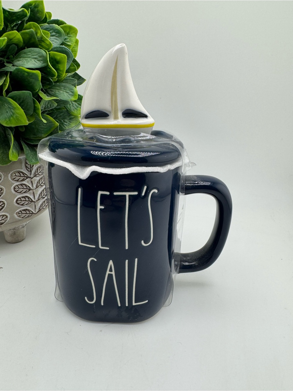 Rae Dunn LET’S SAIL Mug With Sailboat Lid Navy Blue Nautical Magenta Oversized